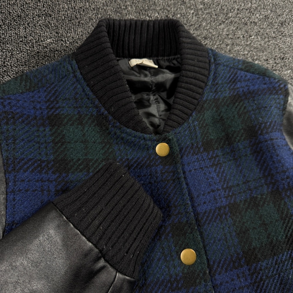 J.Crew Varsity Bomber Jacket Black Watch Plaid Women's M Wool Blend Faux Leather
